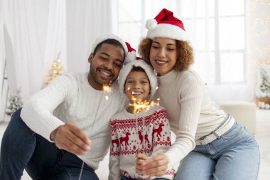 Noel Baba şapkalı Afro-Amerikan ailesi yılbaşını birlikte kutluyor ve Noel ağacının yanında evde maytap tutuyor, anne baba ve küçük oğlu Noel 'de eğleniyor.