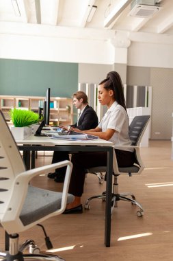 Afrikalı Amerikalı kadın ve Avrupalı takım elbiseli genç adam ofiste oturuyor ve bilgisayarda yazı yazıyor, ofis çalışanları internette çalışıyor ve monitörlere bakıyor.