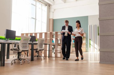 Ofis çalışanları iş kıyafetleri içinde yürüyorlar raporları tartışıyorlar ve ellerinde belgeler tutuyorlar, Afrikalı Amerikalı kadın ve genç Avrupalı erkek toplantıda konuşuyorlar ve planlıyorlar, genel plan