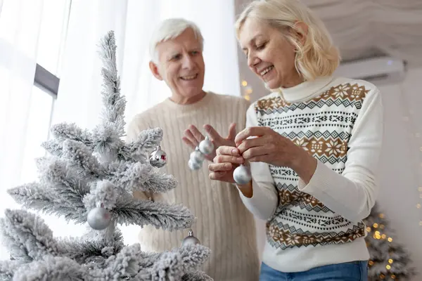 Bir çift yaşlı süveter içinde yeni yılı evde kutluyor ve ağacı süslüyorlar. Gri saçlı yaşlı büyükbaba ve karısı Noel için evi hazırlıyorlar.