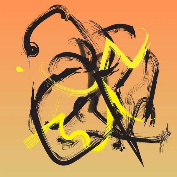 黄色と黒のインクストロークで抽象芸術の背景 絵筆の質感の装飾 ベクターイラスト — ストックベクタ