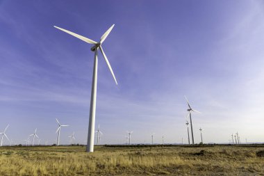 Rüzgar çiftliği. Yenilenebilir enerji üreten rüzgar değirmenleriyle dolu bir alan..