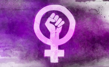Yumruğunu sıkmış feminist bir simge, mor arka planda beyaz çizilmiş. Suluboya etkisi. Dijital illüstrasyon