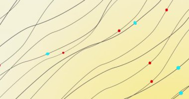 Bej arkaplanda ince dalgalı çizgiler takip eden küçük mavi ve kırmızı topların 4K döngü animasyonu