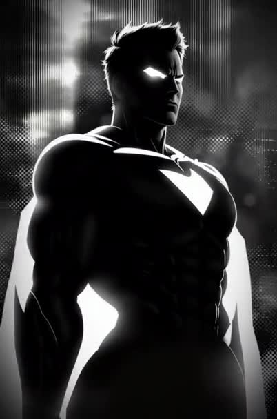 Muž Černém Kostýmu Superhrdiny Znakem Hrudi Stojí Před Panoramatem Města — Stock video