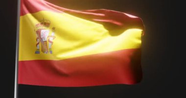 Siyah arka planda rüzgarda dalgalanan İspanyol bayrağı. 3B canlandırma canlandırması