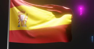 Arka planda havai fişeklerle rüzgarda dalgalanan İspanyol bayrağı. 3D canlandırma animasyonu. 4K