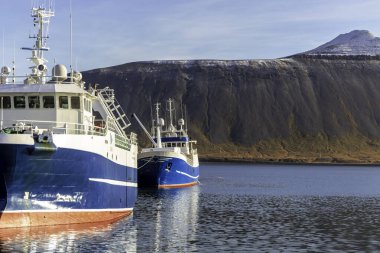 İki tekne bir dağın yanındaki suya yanaştı. Tekneler dağlarla çevrili ve su sakin.