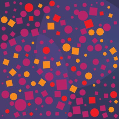 Renkli daireler ve kareler. Formlar kırmızı ve turuncu, arka plan da mavi. Şablon çok yoğun ve renkli. Eğlenceli ve neşeli bir hava veriyor.