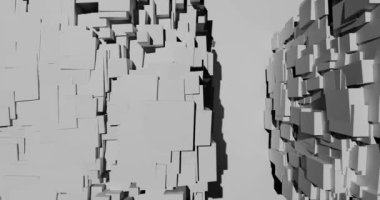 Kayalık kanyon oluşumlarının tepesinden bak. Yapılar, plastisite hissi veren ve geleceksel ve gerçek dışı bir manzara yaratan beyaz kübik elementlerden yaratılmıştır. 4K döngü canlandırması