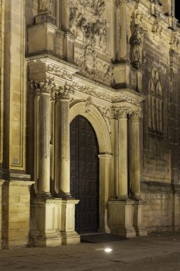 Geceleri Santa Maria la Mayor de los Reales Alcazares of Ubeda Basilica ve Royal Collegiate Kilisesi 'nin kapısı. Kemer yolu aydınlandı.