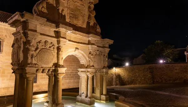 Bir fıskiyenin üzerinde ortaçağ taş kemer yolu. Fıskiye gece aydınlanır.