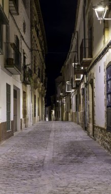 Baeza sokakları, İspanya, geceleri. Geceleri dar, kaldırım taşı bir cadde ve her iki tarafında birkaç bina var. Sokak boş ve sessiz, sadece birkaç ışık bölgeyi aydınlatıyor.