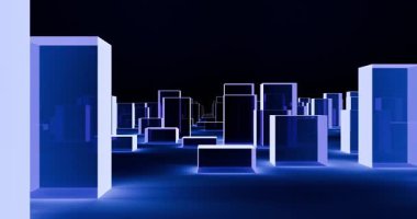 Siber bir şehirde uçmak. Yumuşak mavi bir ışıkla aydınlatılmış geometrik cam yapılara sahip kristal yüzey. Fütürist bir his. 4k döngü canlandırması