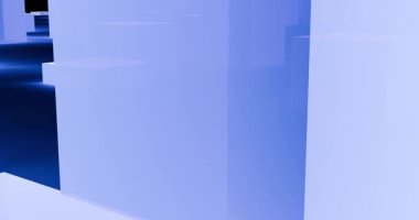 Siber şehir. Yumuşak mavi bir ışıkla aydınlatılmış geometrik cam yapılara sahip kristal yüzey. İzometrik görüntüyü kapat. Modern ve minimalist duygular. 4k döngü canlandırması