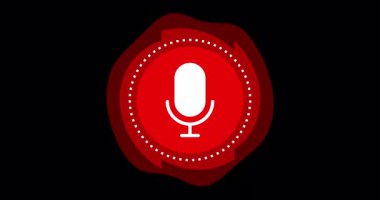 Kırmızı daireli mikrofon ikonu ve etrafında hareket eden noktalardan oluşan bir daire. Düz basit bir stil. Alfa kanalı ile 4K döngü canlandırması