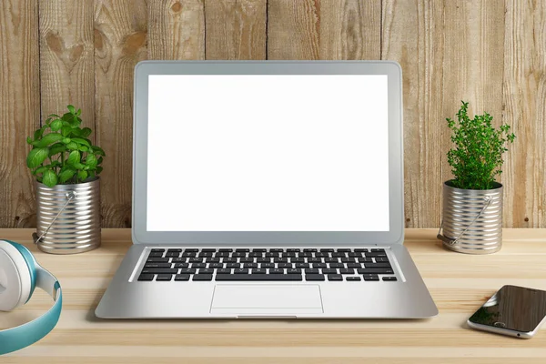 Close Laptop Computer Top Office Table Businessman Empty White Screen Royalty Free Stock Photos