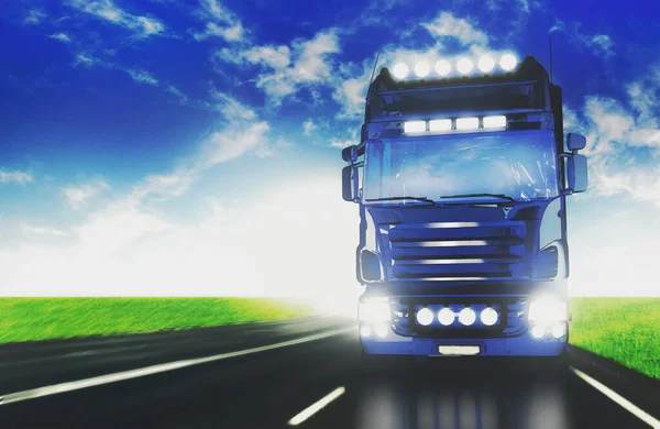 Camión Azul Velocidad Transporte Mercancías Carretera Carretera Autopista Renderizado Imagen De Stock