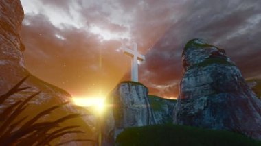 Hıristiyan haçı güneşin parlaklığında, dağ manzarası bulutların üzerinde. İsa Mesih 'in Golgotha' da dirildiği gün Kudüs Paskalyası 'nda. Profesyonel Sinematik 4K 3D Animasyon