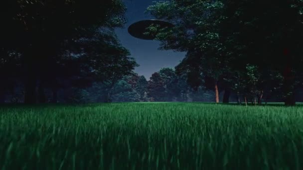 在森林上空的夜空中不明飞行物异形绑架的概念4K电影3D渲染 — 图库视频影像