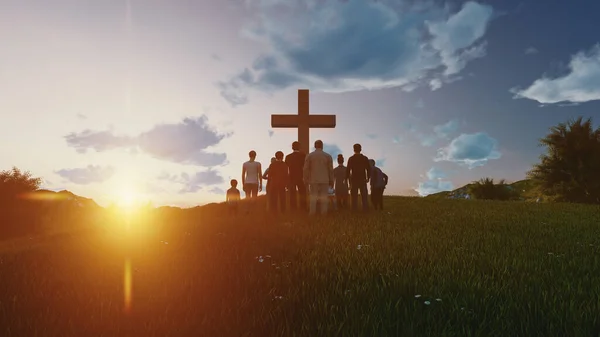 復活祭の日曜日のコンセプト 秋の日の出の背景にイエス キリストの十字架を探してシルエットの家族 — ストック写真
