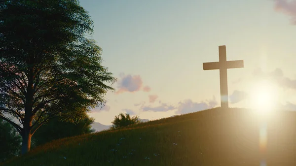 カラフルな空の背景に明るいサンビームと上の山の上に十字架のシンボルのシルエット 3Dレンダリング — ストック写真