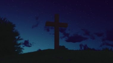 Christian cross in the glow of the sun, mountain landscape above the clouds