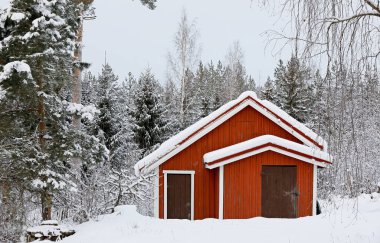 Kış harikalar diyarında küçük kırmızı bir kulübe