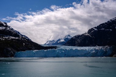 Buzul Körfezi manzara manzarası. Küresel ısınma nedeniyle güneşli bir gün. Denizde güzel bir gün. Dağlarda kar. Milli parka gidin.  