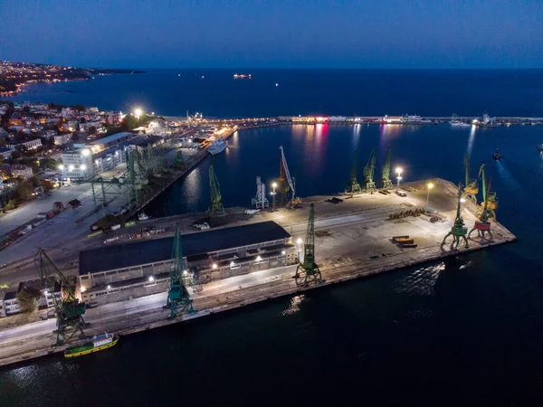 Aerial Top View Cargo Port Cranes Varna Bulgaria Night — Stock Photo, Image