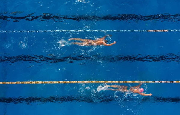 Dva Plavci Trénink Venkovním Bazénu Horní Letecké Zobrazení — Stock fotografie