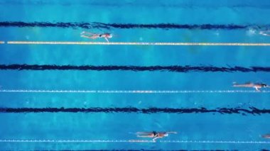 Yüzücülerden oluşan bir grup, havuz üstü havuz manzaralı bir yerde eğitim görüyor.