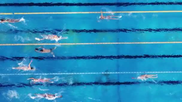 Ομάδα Κολυμβητών Που Εκπαιδεύονται Εξωτερική Πισίνα Πανοραμική Θέα — Αρχείο Βίντεο
