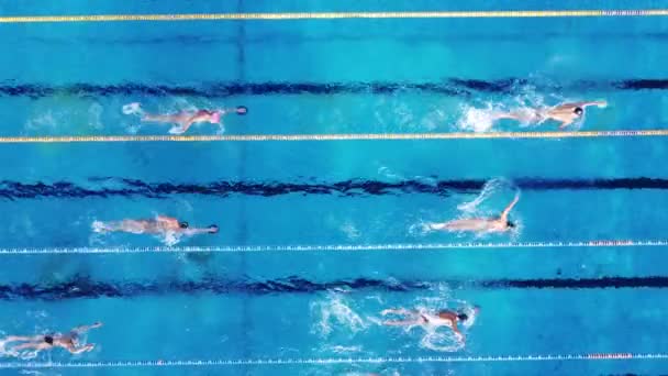 一组游泳运动员在室外游泳池顶部空中观看训练 — 图库视频影像