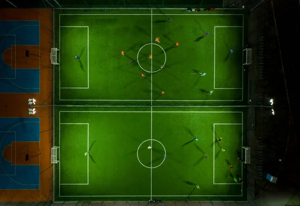Vista Aérea Superior Mini Jogo Futebol Futebol Campo Minifootball Futebolistas — Fotografia de Stock
