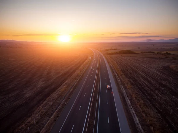 Aerial Top View Highway Road Sunset Autumn Top View Drone — Stock Photo, Image