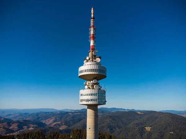 stock image Aerial top view of telecommunications tower at Snezhanka peak near Pamporovo in Bulgaria
