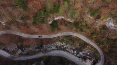 Dağlarda dolambaçlı bir yolun geçtiği bir sonbahar ormanının havadan görünüşü.