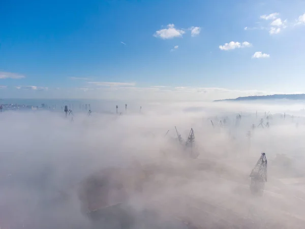 Aerial Top View Cranes Port Industrial Zone Morning Fog — Stock Photo, Image