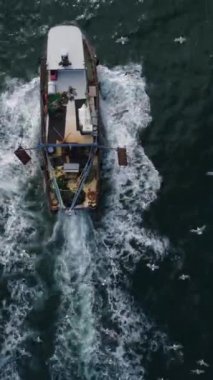 Mavi denizde yüzen balıkçı teknesi, İHA 'dan gökyüzü manzaralı..