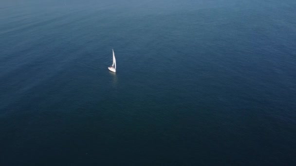 Lonely Sailing Yacht Sea Top Aerial View — Stock Video