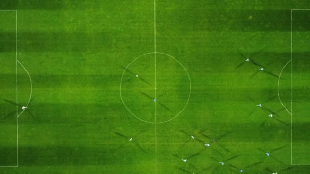 サッカーの試合の空中トップビュー サッカー ドローンからのサッカー場とサッカー選手 — ストック動画