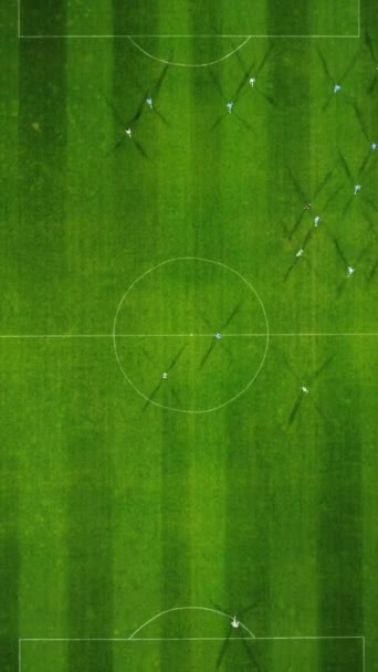 サッカーの試合の空中トップビュー サッカー ドローンからのサッカー場とサッカー選手 — ストック動画