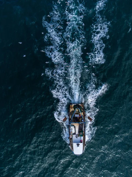 Fischerboot Schwimmt Blauen Meer Luftaufnahme Von Oben Aus Der Drohne — Stockfoto