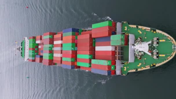 Luchtfoto Bovenaanzicht Containerschip Zee Scheepvaart Vervoer Concept Achtergrond Verticale Video — Stockvideo