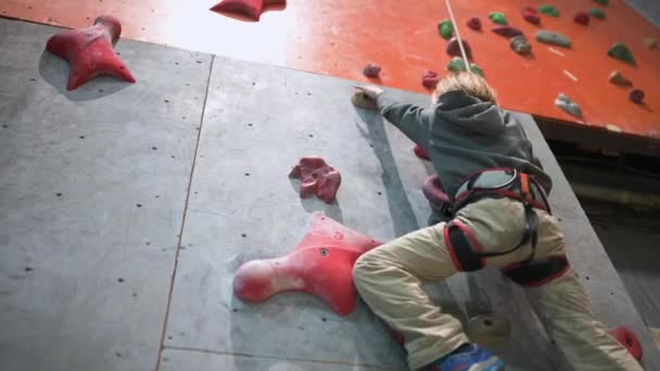 8歳の少年がホールの登山人工壁に登り — ストック動画