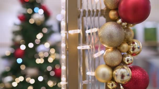 Christmas Tree Gold Decoration Shopping Mall Closeup — Stock Video