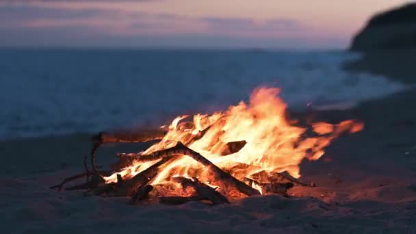 Beach Bonfire Selective Focus Beautiful Sunset Sunrise Nobody — Vídeos de Stock