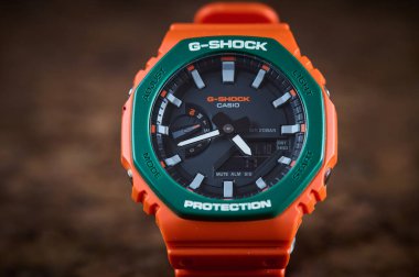 Varna, Bulgaria - January 10, 2023: a Casio G-SHOCK GA-2110 SC on wooden background