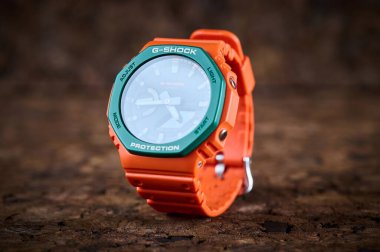 Varna, Bulgaria - January 10, 2023: a Casio G-SHOCK GA-2110 SC on wooden background